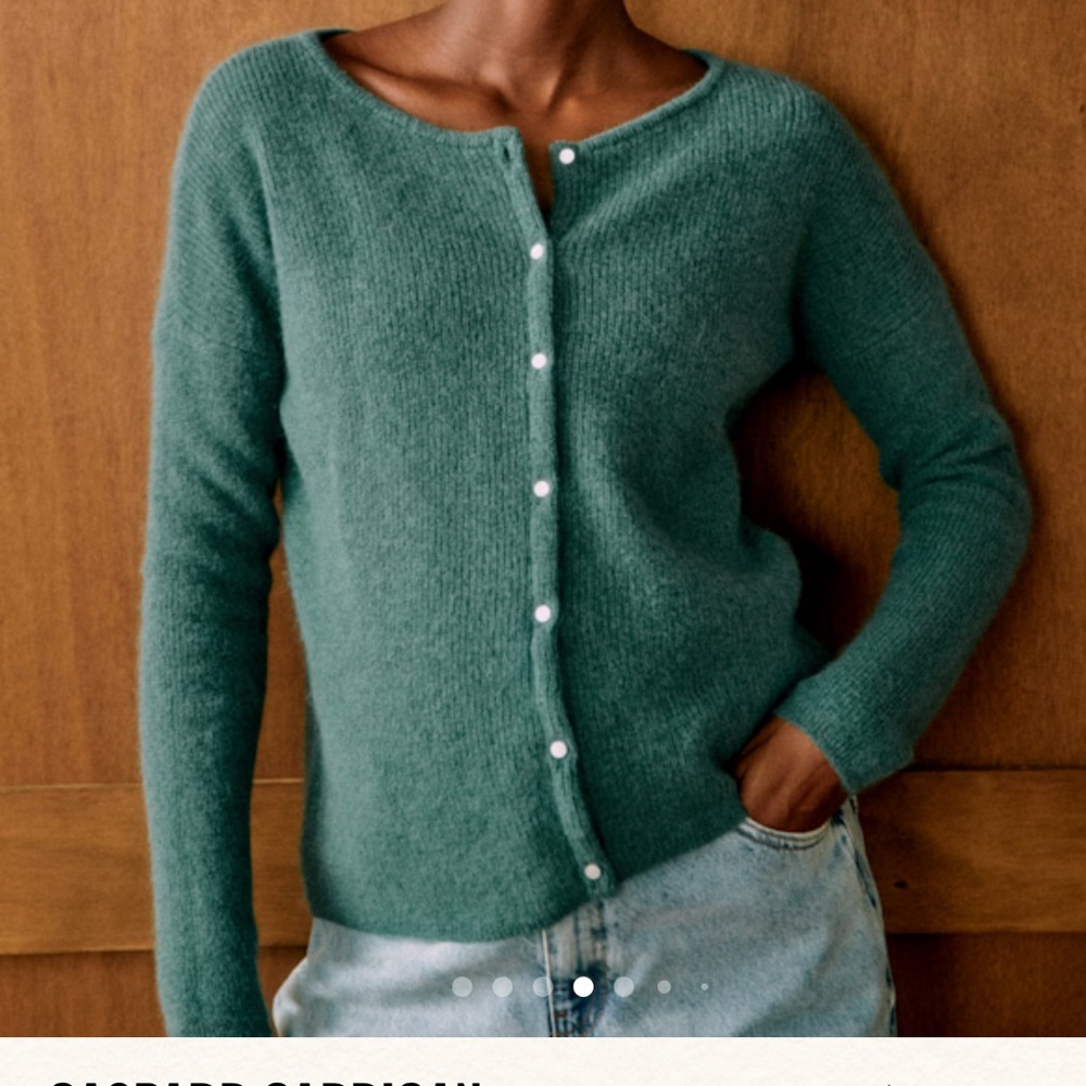 Sezane Green Crewneck Button-Up Cardigan